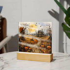 Haunted Elegance: Spooky Halloween Mansion Acrylic Square Plaque with LED Lighted Wooden Base