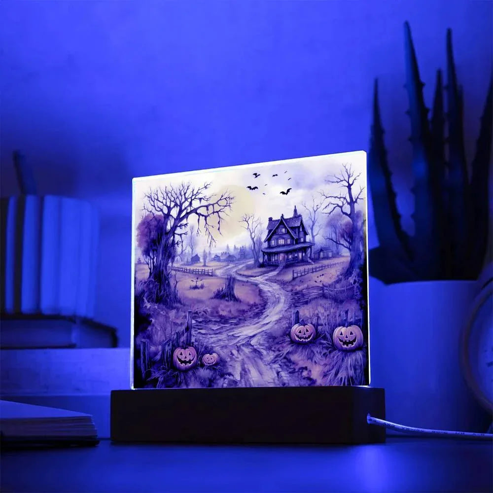 Haunted Elegance: Spooky Halloween Mansion Acrylic Square Plaque with LED Lighted Wooden Base