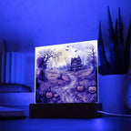 Haunted Elegance: Spooky Halloween Mansion Acrylic Square Plaque with LED Lighted Wooden Base