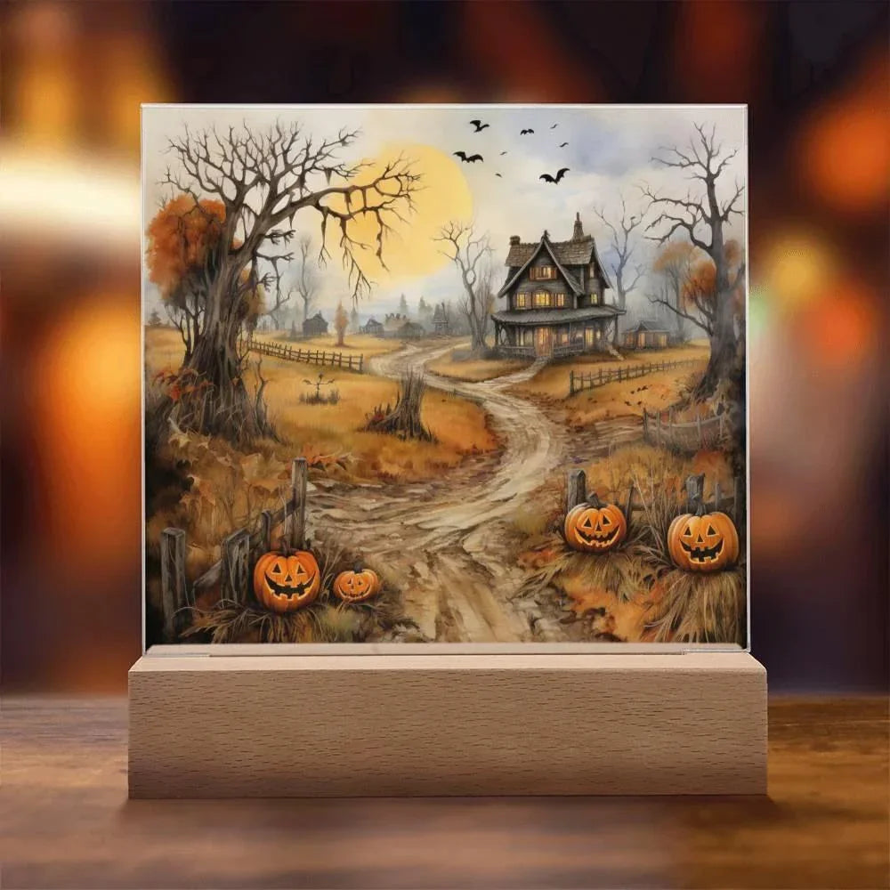 Haunted Elegance: Spooky Halloween Mansion Acrylic Square Plaque with LED Lighted Wooden Base