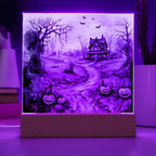 Haunted Elegance: Spooky Halloween Mansion Acrylic Square Plaque with LED Lighted Wooden Base