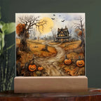 Haunted Elegance: Spooky Halloween Mansion Acrylic Square Plaque with LED Lighted Wooden Base