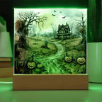 Haunted Elegance: Spooky Halloween Mansion Acrylic Square Plaque with LED Lighted Wooden Base