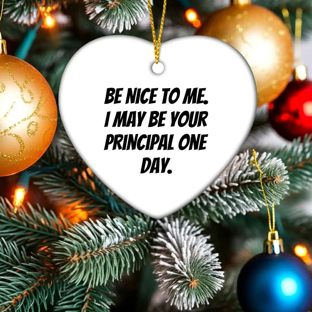 Funny Principal Heart Ornament Gifts from Friends, Coworkers or Family for Christmas - 'Be Nice To Me. I May Be Your Principal One Day.'