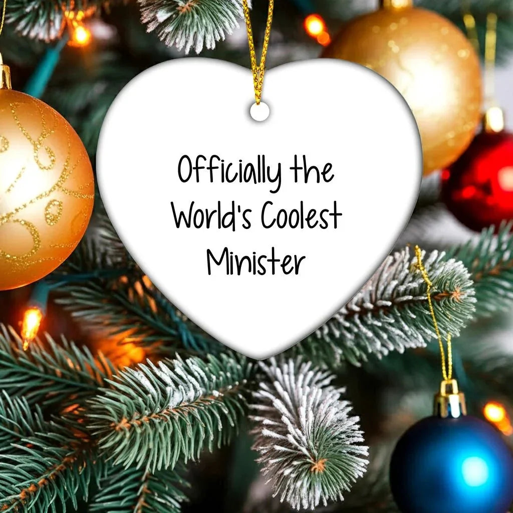 Funny Minister Gifts from Family for Christmas Unique Heart Ornament - Officially 'The World's Coolest Minister' Quote Decorative Figurine