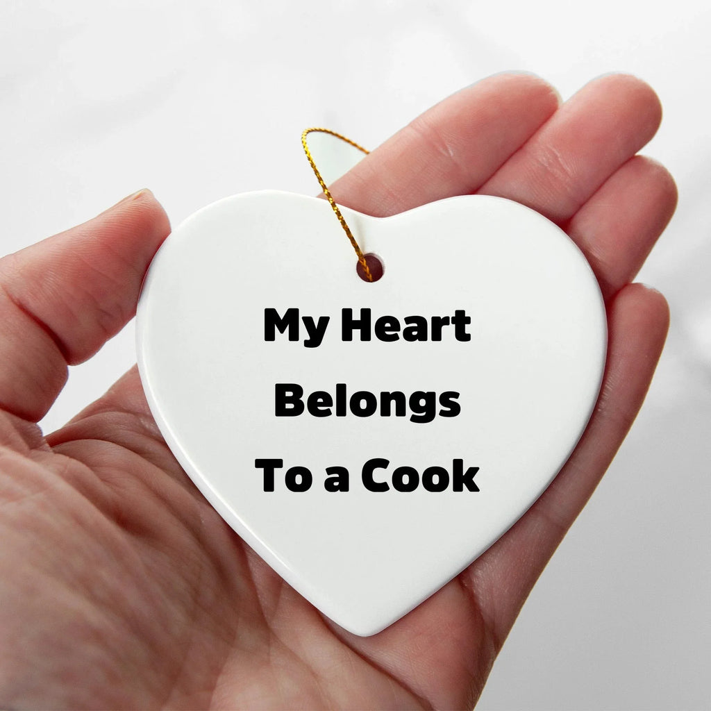 Funny Cook Gifts from Friends - My Heart Belongs To A Cook Heart Ornament, Unique Christmas Unique Gifts for Cook, Heart-Shaped Ornament with Gold Cord