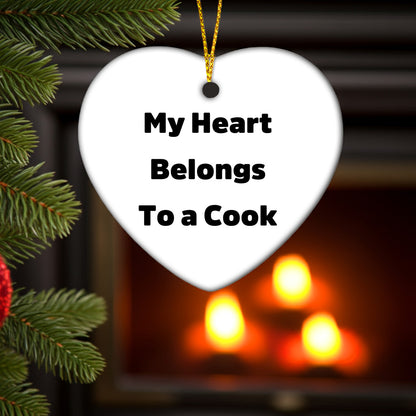 Funny Cook Gifts from Friends - My Heart Belongs To A Cook Heart Ornament, Unique Christmas Unique Gifts for Cook, Heart-Shaped Ornament with Gold Cord