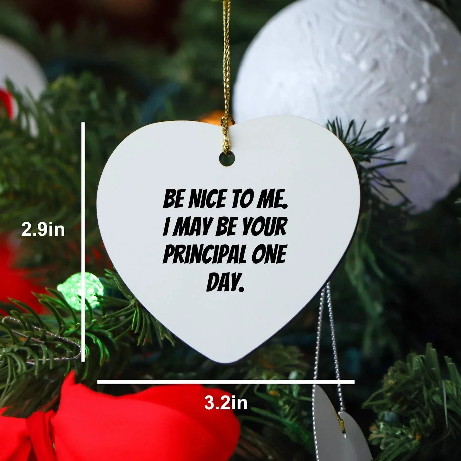 Funny Principal Heart Ornament Gifts from Friends, Coworkers or Family for Christmas - 'Be Nice To Me. I May Be Your Principal One Day.'