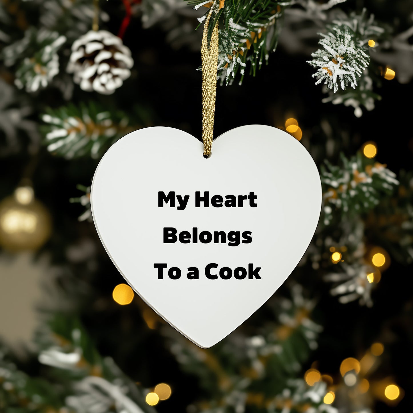 Funny Cook Gifts from Friends - My Heart Belongs To A Cook Heart Ornament, Unique Christmas Unique Gifts for Cook, Heart-Shaped Ornament with Gold Cord