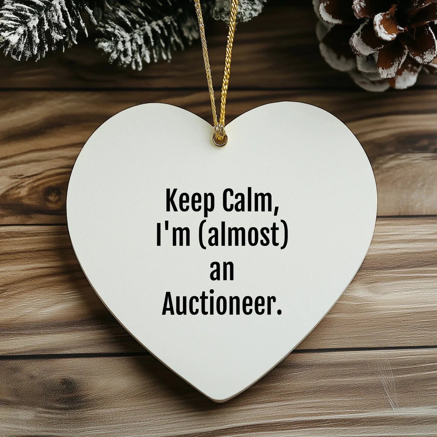 Funny Auctioneer Gifts from Friends, Keep Calm, I'm (almost) An Auctioneer, Heart Ornament for Men, Women, or Coworkers at Christmas Time