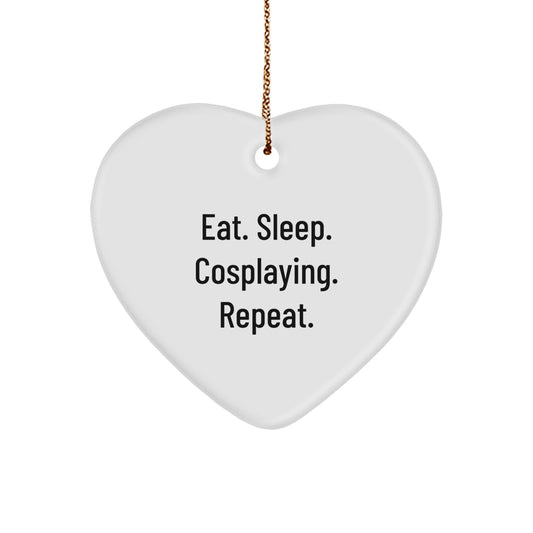 Cosplaying Fun Gifts from Friends - Eat Sleep Cosplaying Repeat Heart Ornament, Christmas Unique Gifts for Cosplayers, Durable MDF Heart Shaped Ornament with Gold Cord - Image 1