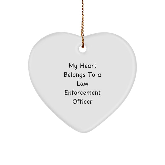 Funny Law Enforcement Officer Gifts from Family - My 'Heart Belongs To A Law Enforcement Officer' Heart Ornament, Christmas Unique Decoration - Image 1