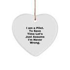 Funny Pilot Heart Ornament Gifts for Him from Friends and Family, Unique Christmas Decorations with Humorous Quote 'I'm Never Wrong' - Perfect Pilot Present