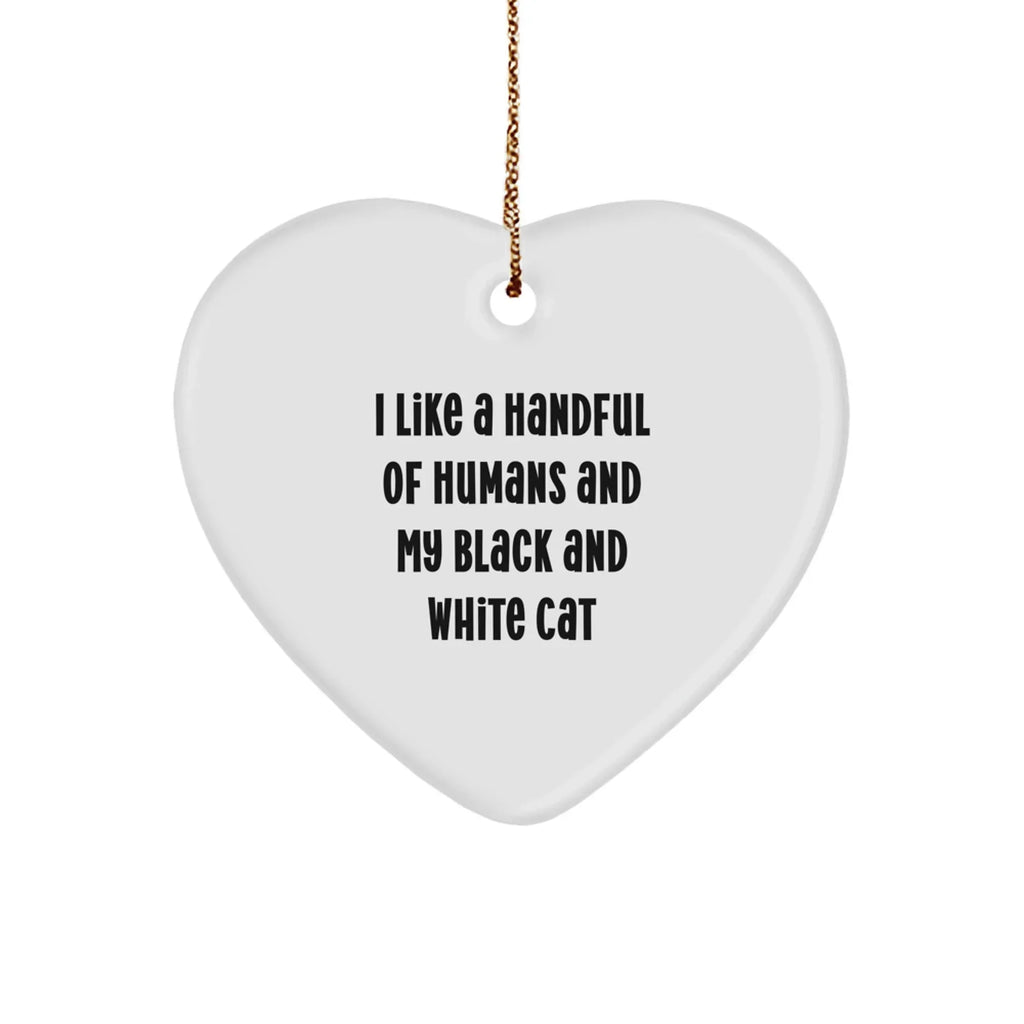 Funny Black and White Cat Lovers Christmas Heart Ornament with Quote 'I Like A Handful Of Humans And My Black And White Cat'