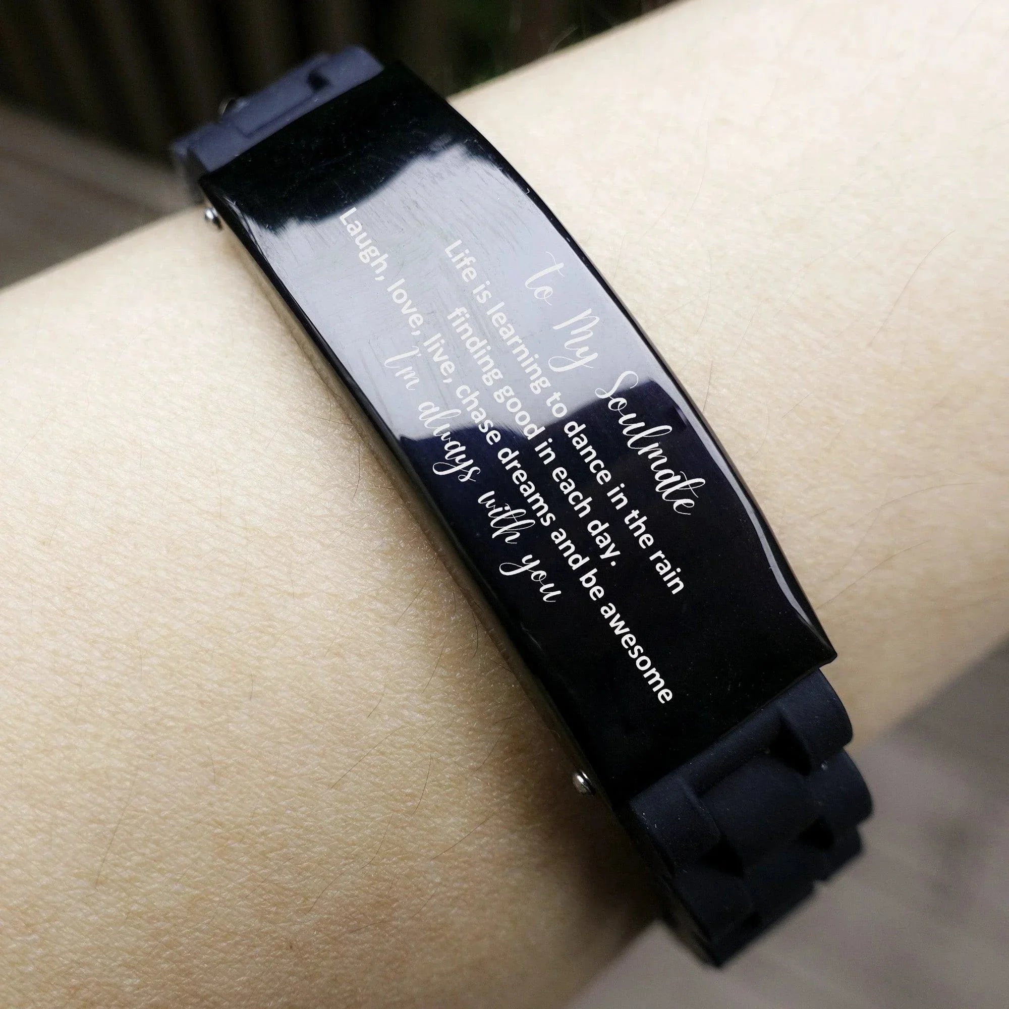 Heartfelt Soulmate Engraved Black Glidelock Clasp Bracelet - Life is Learning to Dance in the Rain Birthday, Christmas Holiday Gifts
