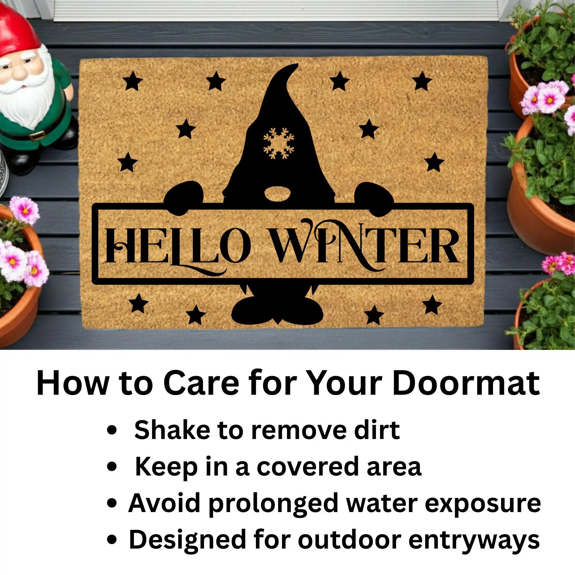 Hello Winter Gnome Doormat – Festive Coir Welcome Mat | Cute Scandinavian Holiday Porch Décor | Rustic Winter Entryway Rug