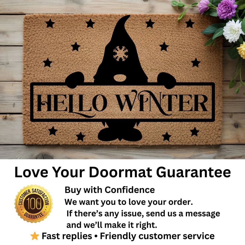 Hello Winter Gnome Doormat – Festive Coir Welcome Mat | Cute Scandinavian Holiday Porch Décor | Rustic Winter Entryway Rug