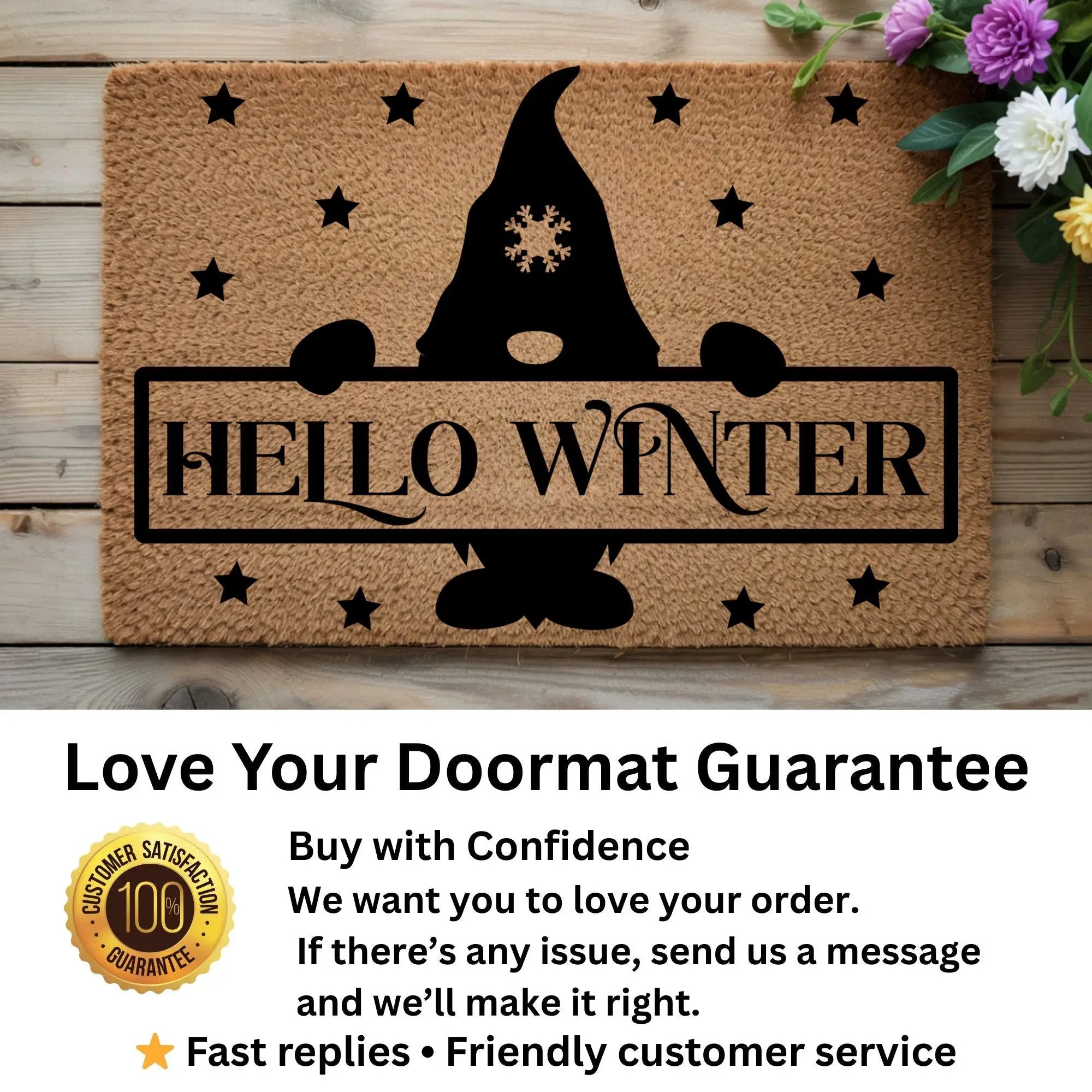 Hello Winter Gnome Doormat – Festive Coir Welcome Mat | Cute Scandinavian Holiday Porch Décor | Rustic Winter Entryway Rug