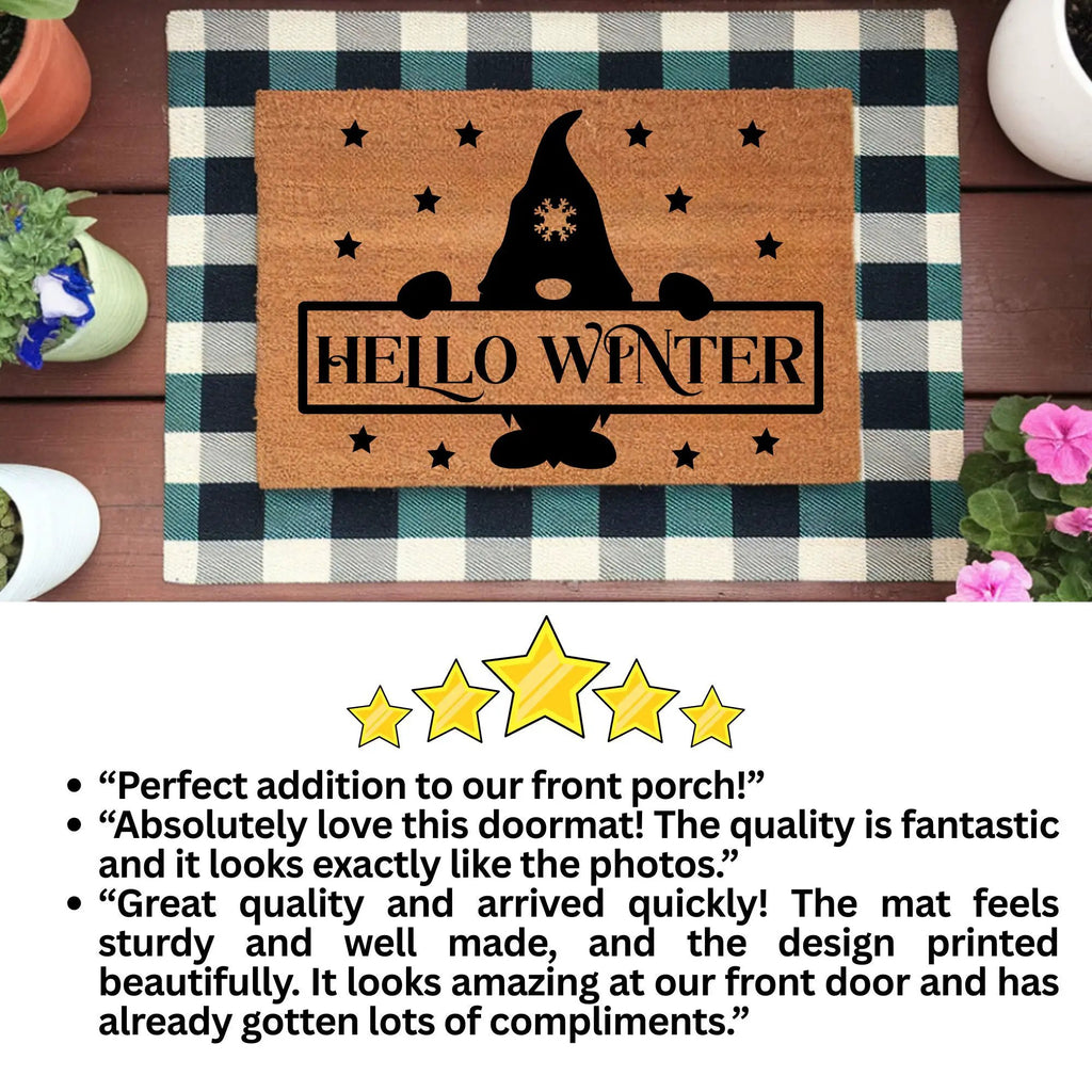 Hello Winter Gnome Doormat – Festive Coir Welcome Mat | Cute Scandinavian Holiday Porch Décor | Rustic Winter Entryway Rug