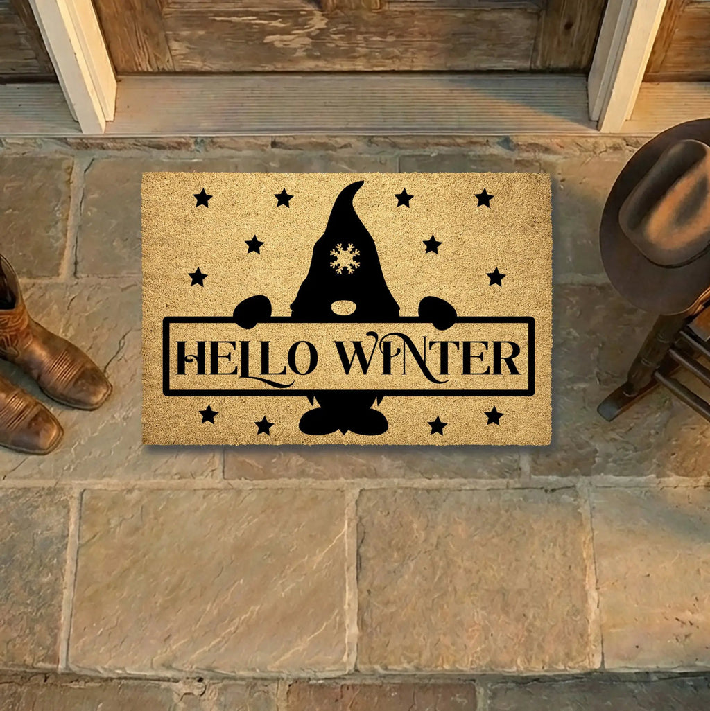 Hello Winter Gnome Doormat – Festive Coir Welcome Mat | Cute Scandinavian Holiday Porch Décor | Rustic Winter Entryway Rug