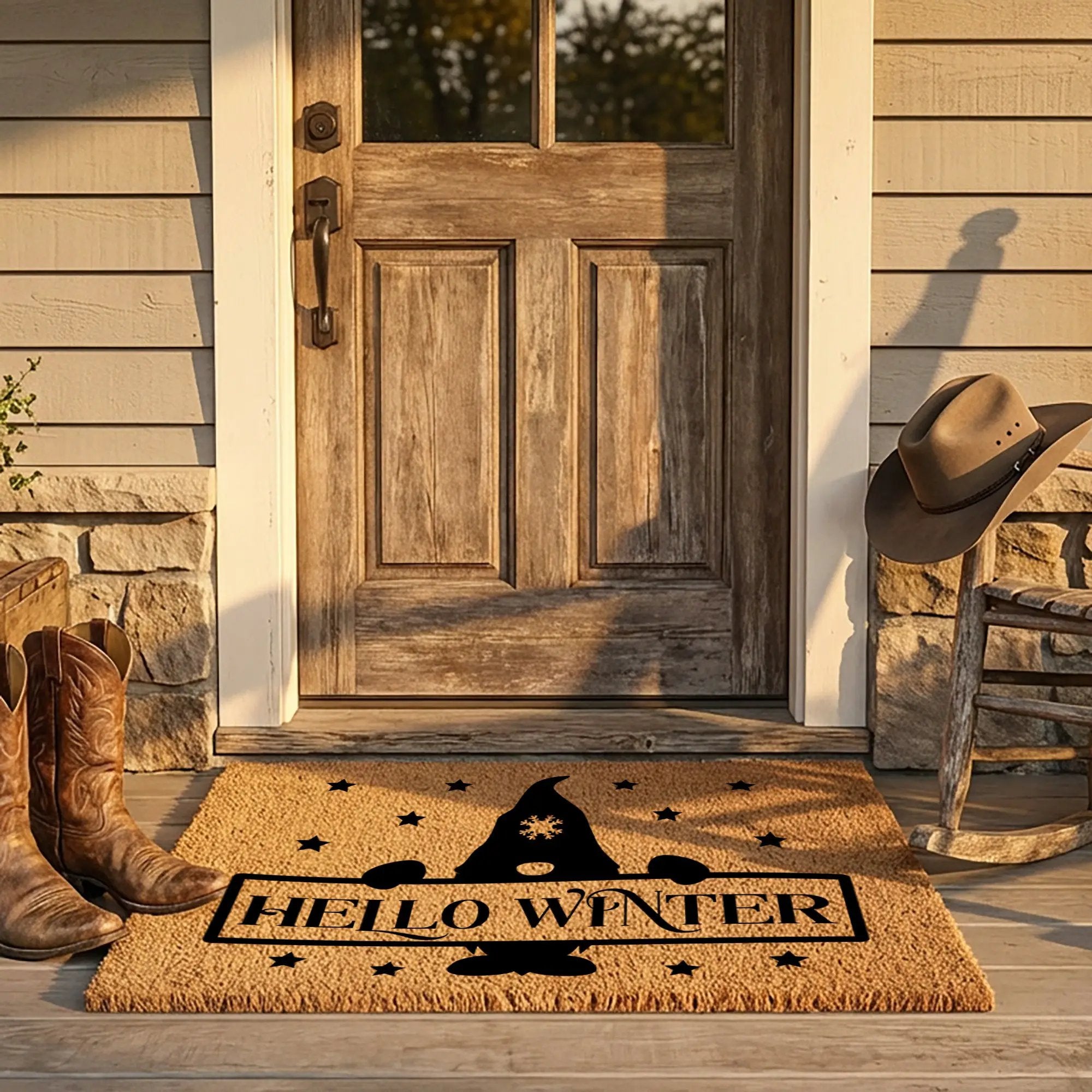 Hello Winter Gnome Doormat – Festive Coir Welcome Mat | Cute Scandinavian Holiday Porch Décor | Rustic Winter Entryway Rug