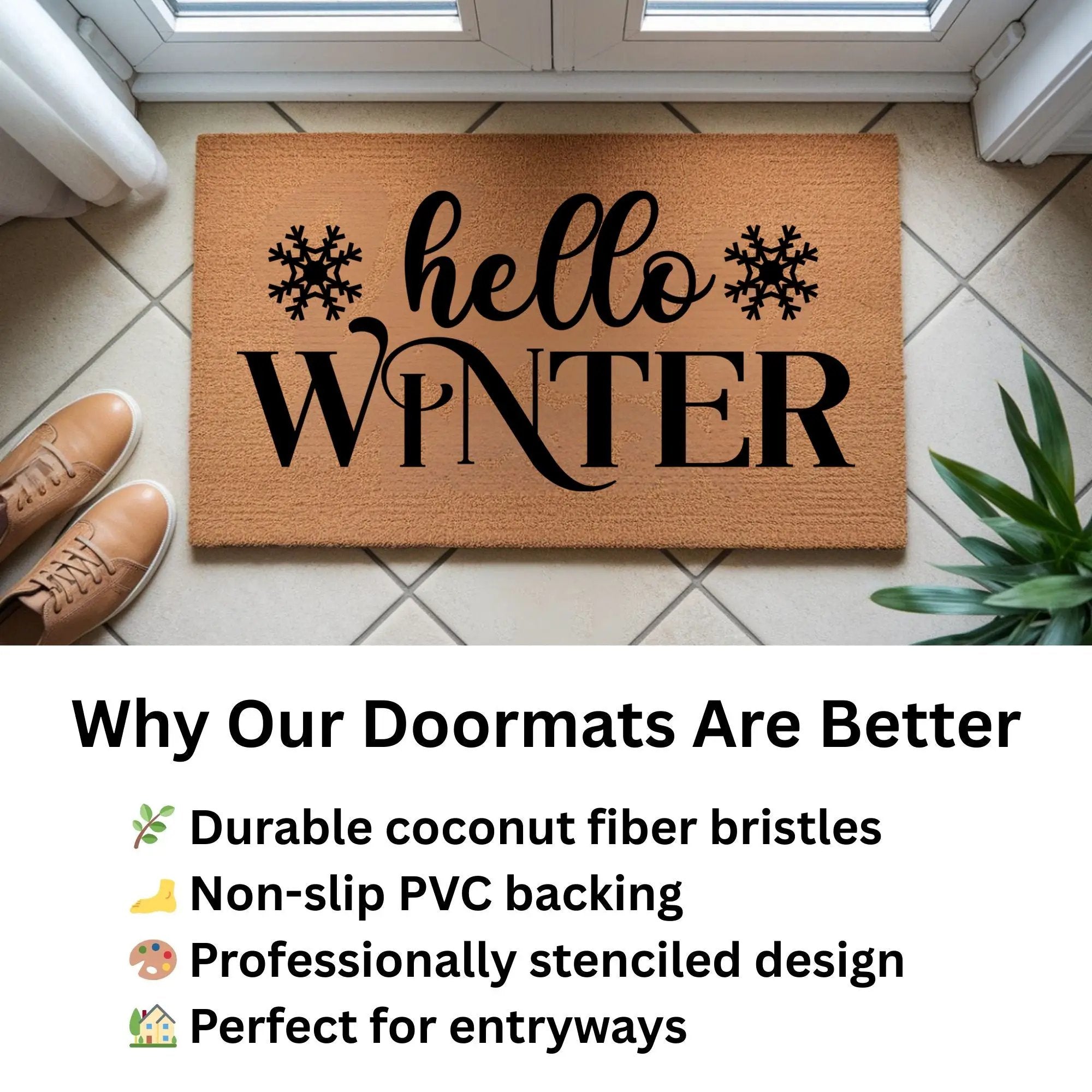 Hello Winter Coir Doormat – Snowflake Welcome Mat | Cozy Farmhouse Front Porch Décor | Rustic Holiday Entryway Rug