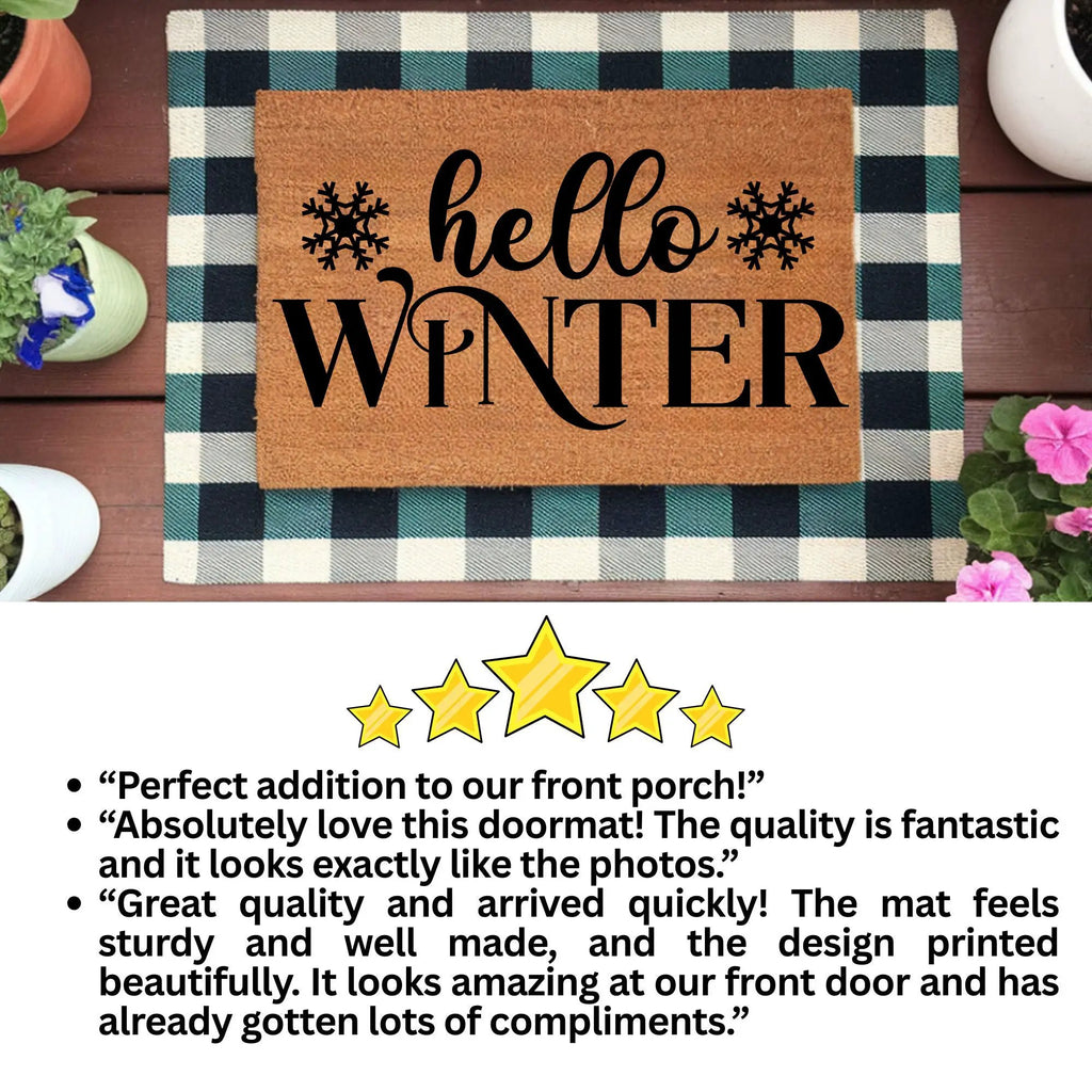Hello Winter Coir Doormat – Snowflake Welcome Mat | Cozy Farmhouse Front Porch Décor | Rustic Holiday Entryway Rug