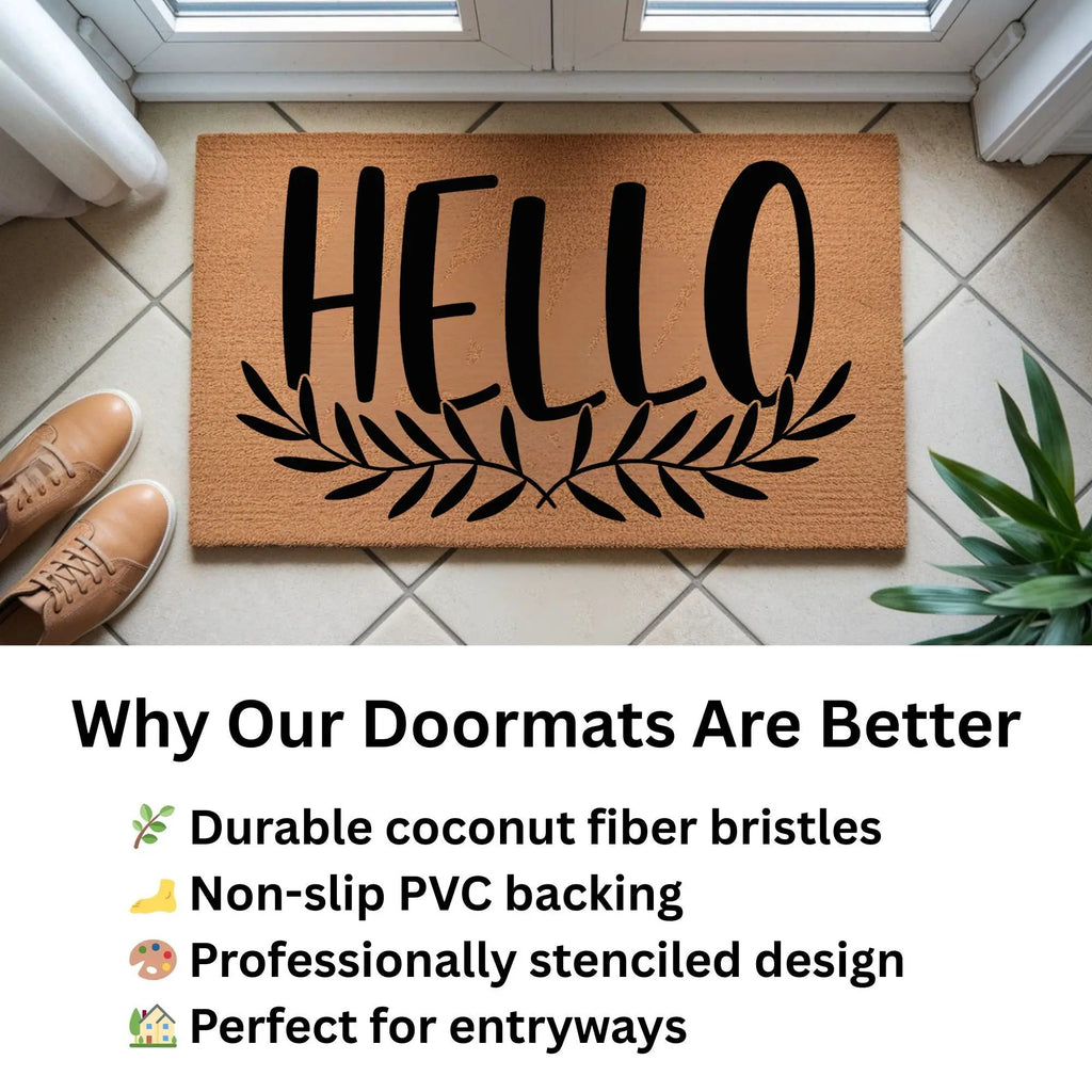 Hello Coir Doormat with Leaf Design – Simple Welcome Mat | Modern Farmhouse Front Porch Decor | Everyday Entryway Rug