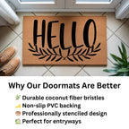 Hello Coir Doormat with Leaf Design – Simple Welcome Mat | Modern Farmhouse Front Porch Decor | Everyday Entryway Rug