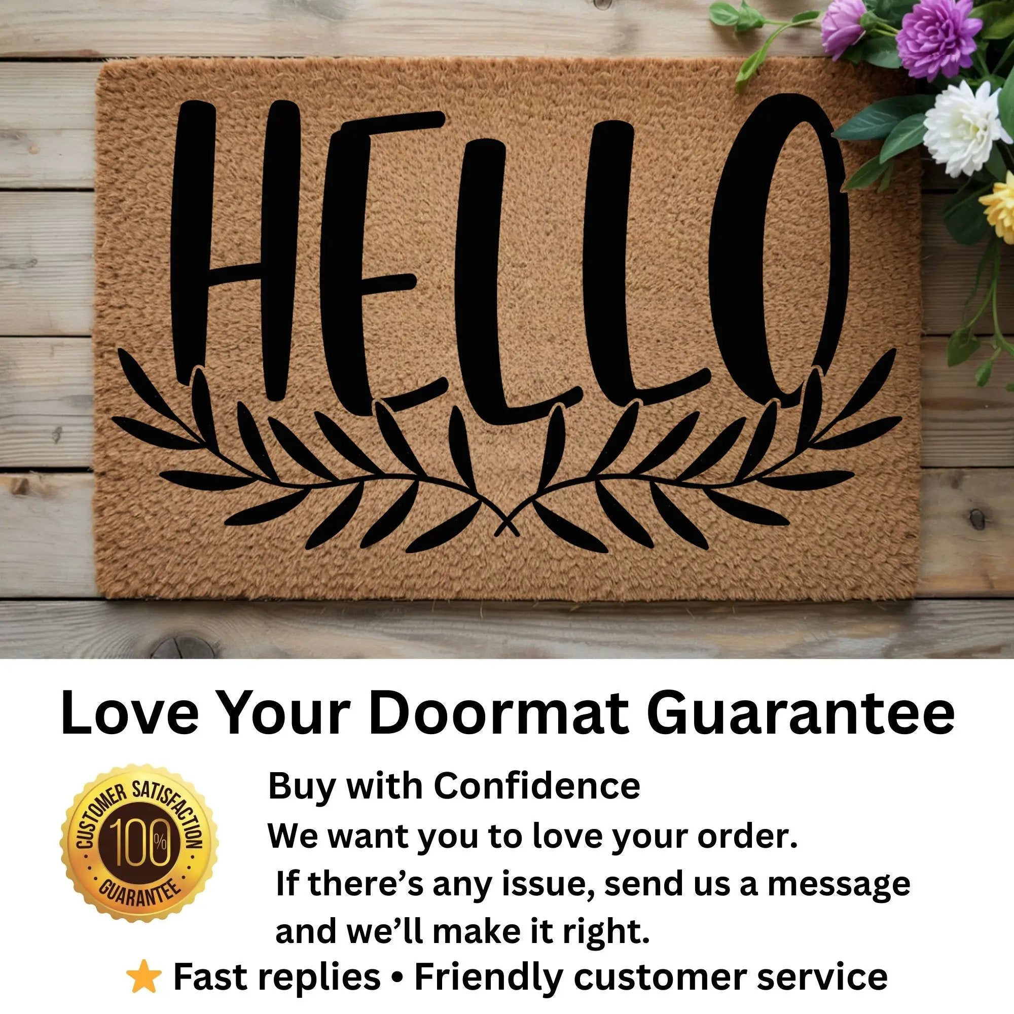 Hello Coir Doormat with Leaf Design – Simple Welcome Mat | Modern Farmhouse Front Porch Decor | Everyday Entryway Rug