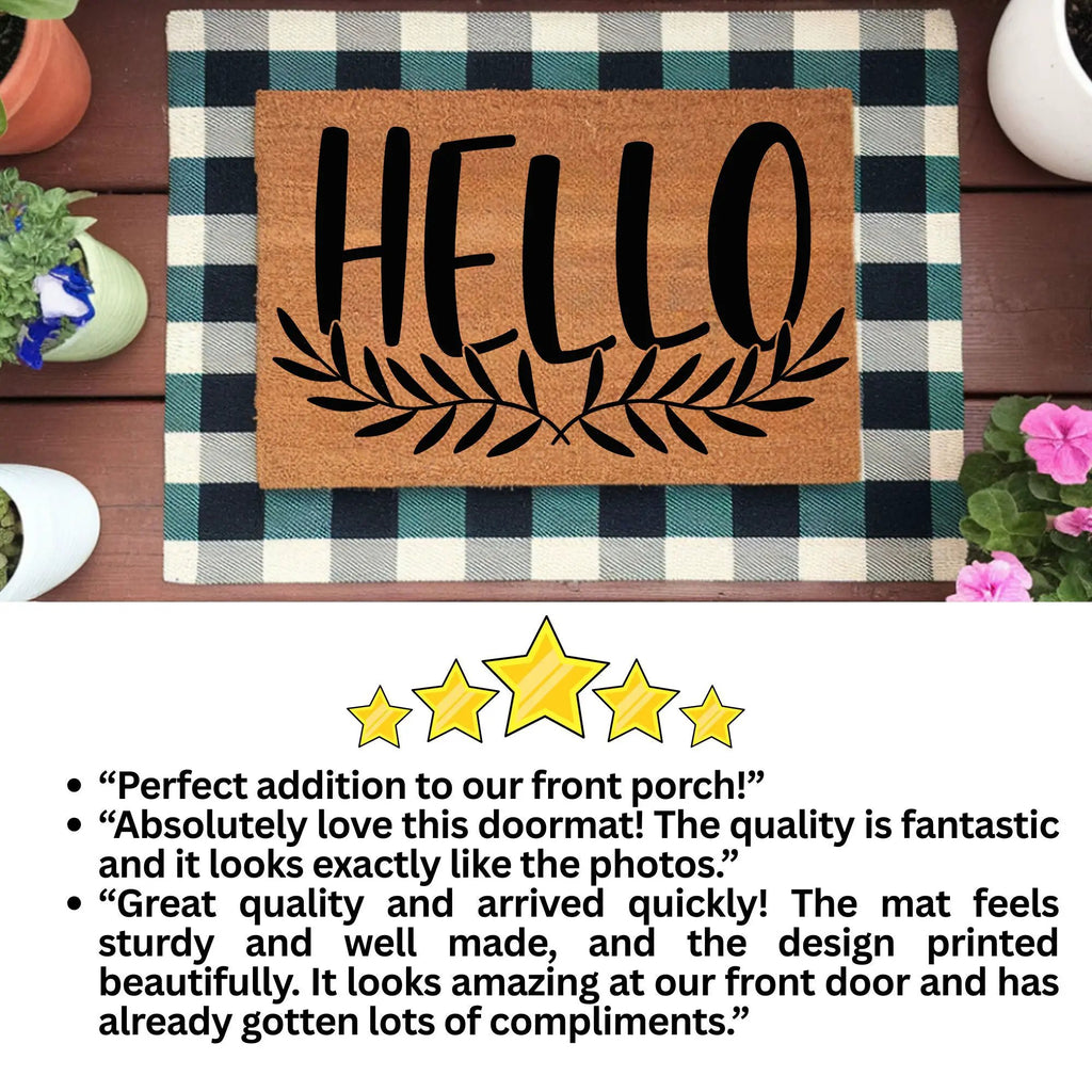 Hello Coir Doormat with Leaf Design – Simple Welcome Mat | Modern Farmhouse Front Porch Decor | Everyday Entryway Rug