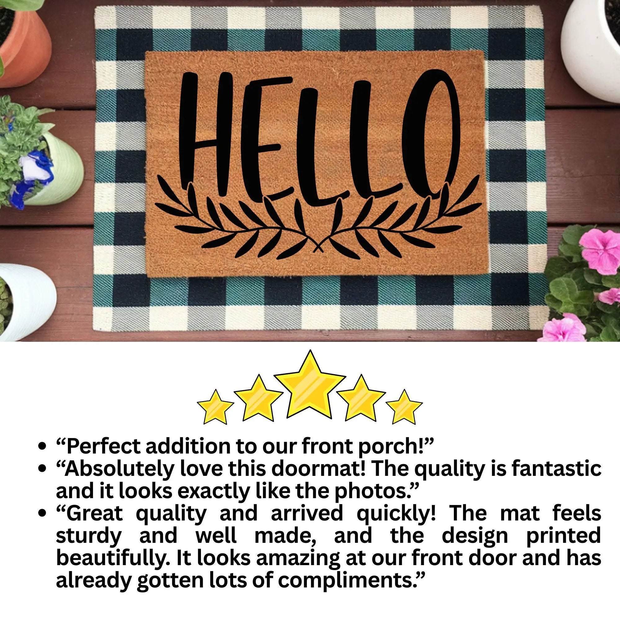 Hello Coir Doormat with Leaf Design – Simple Welcome Mat | Modern Farmhouse Front Porch Decor | Everyday Entryway Rug