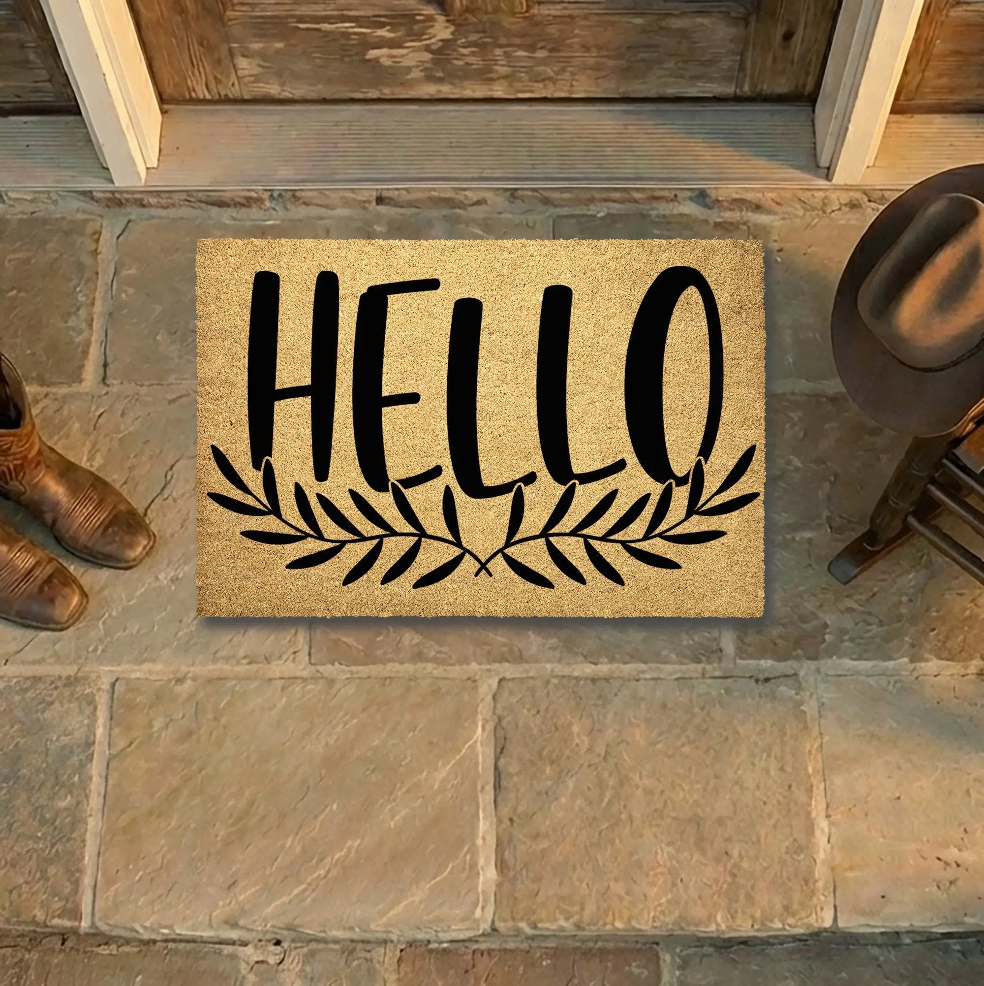 Hello Coir Doormat with Leaf Design – Simple Welcome Mat | Modern Farmhouse Front Porch Decor | Everyday Entryway Rug