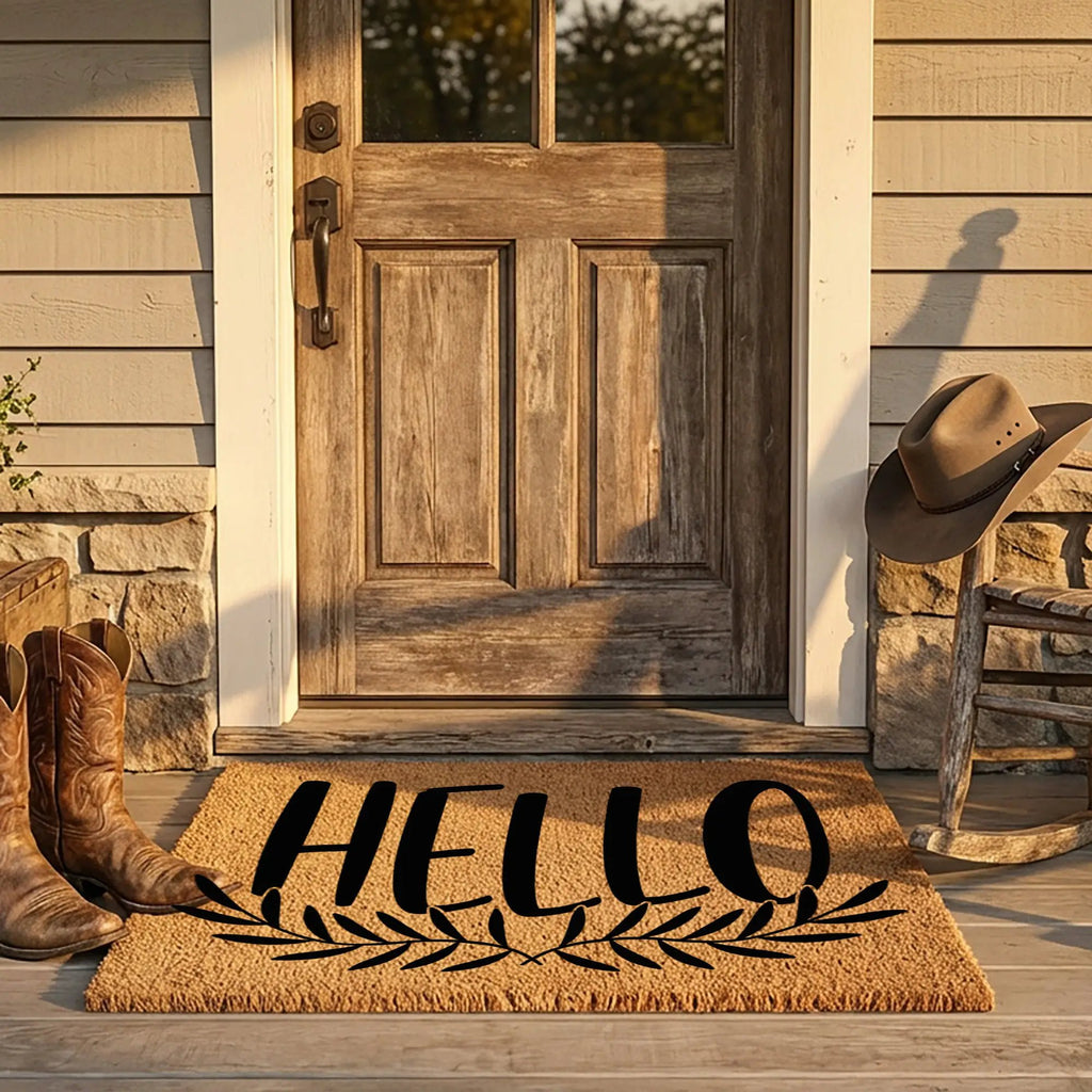 Hello Coir Doormat with Leaf Design – Simple Welcome Mat | Modern Farmhouse Front Porch Decor | Everyday Entryway Rug