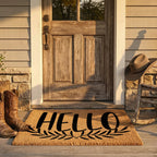 Hello Coir Doormat with Leaf Design – Simple Welcome Mat | Modern Farmhouse Front Porch Decor | Everyday Entryway Rug