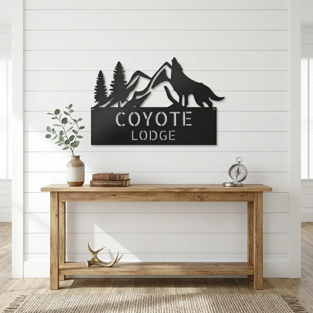 Coyote and Mountains Custom Name Metal Wall Sign