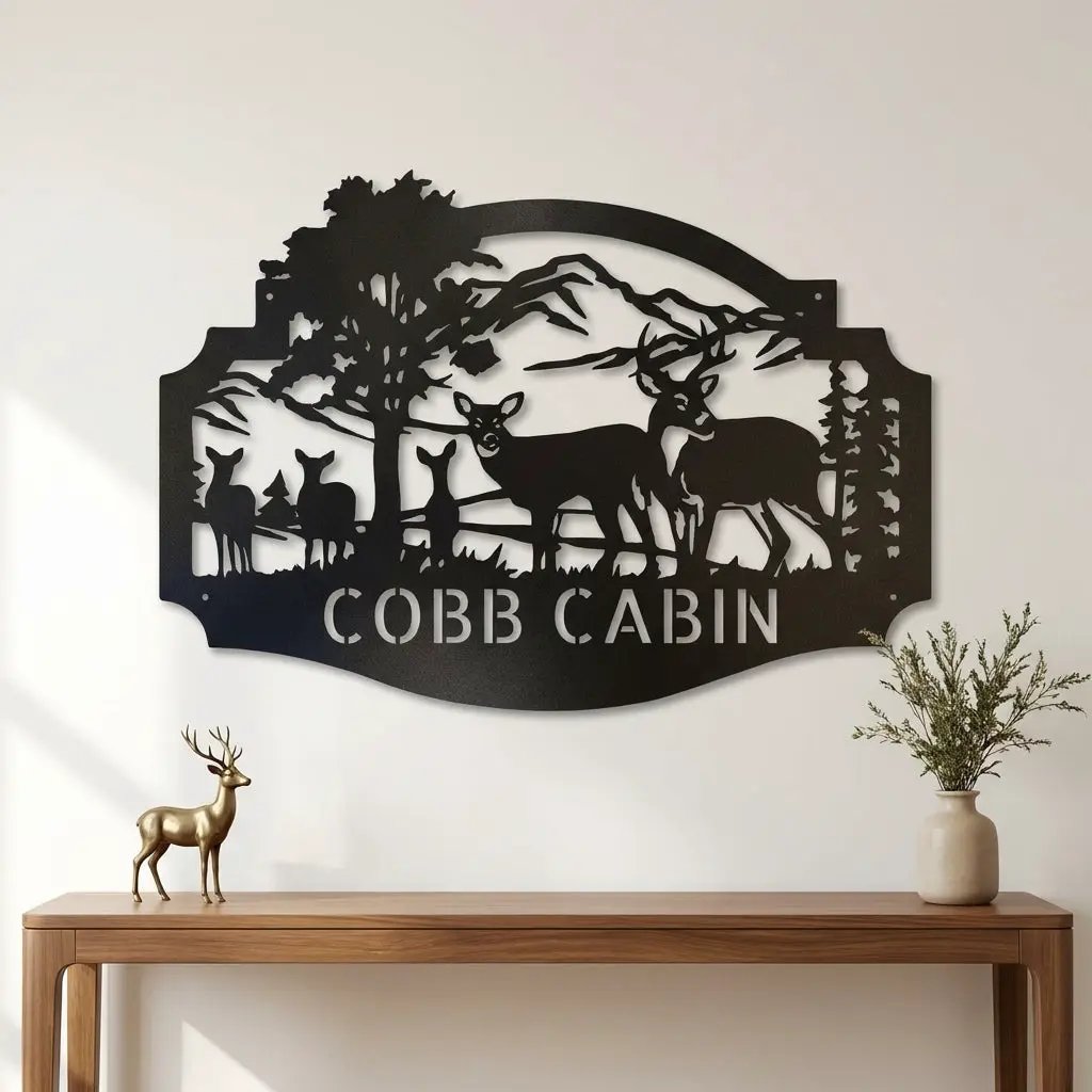 Personalized Deer Cabin Metal Wall Art – Rustic Family Name Sign – Hunting Lodge Decor – Custom Mountain Scene Steel Sign – Cabin Wall Decor Gift