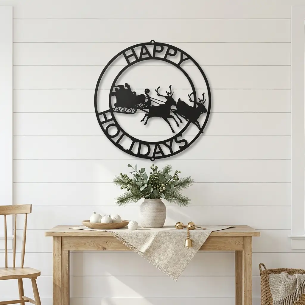 Personalized Santa Sleigh & Reindeer Metal Wall Art – Custom Family Name Christmas Sign – Handmade Steel Décor (5 Sizes, 5 Colors)