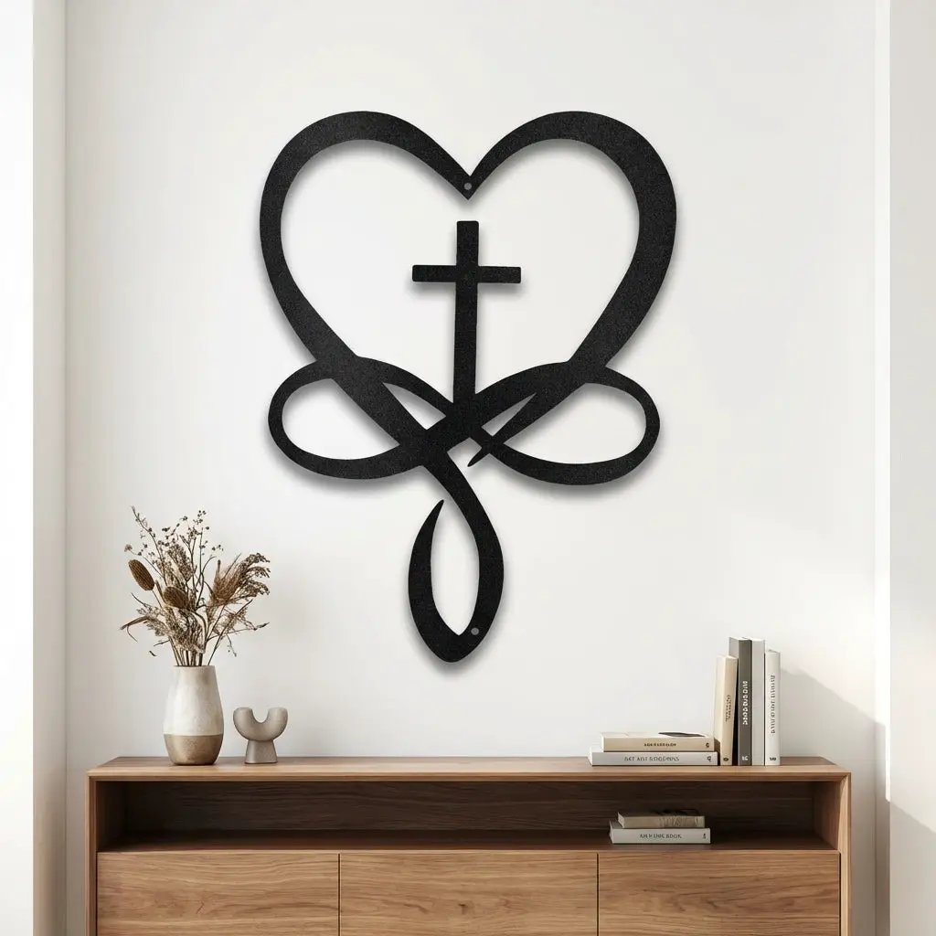 Love Infinity Cross Metal Wall Art – Christian Faith Decor, Heart Cross Sign, Religious Home Decor, Laser Cut Steel Wall Hanging, Gift for Christian Family