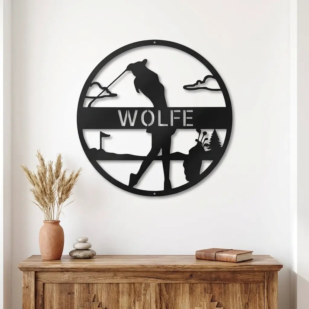 Custom Female Golfer Metal Sign – Personalized Name Wall Art – Round Golf Scene – Laser Cut Steel