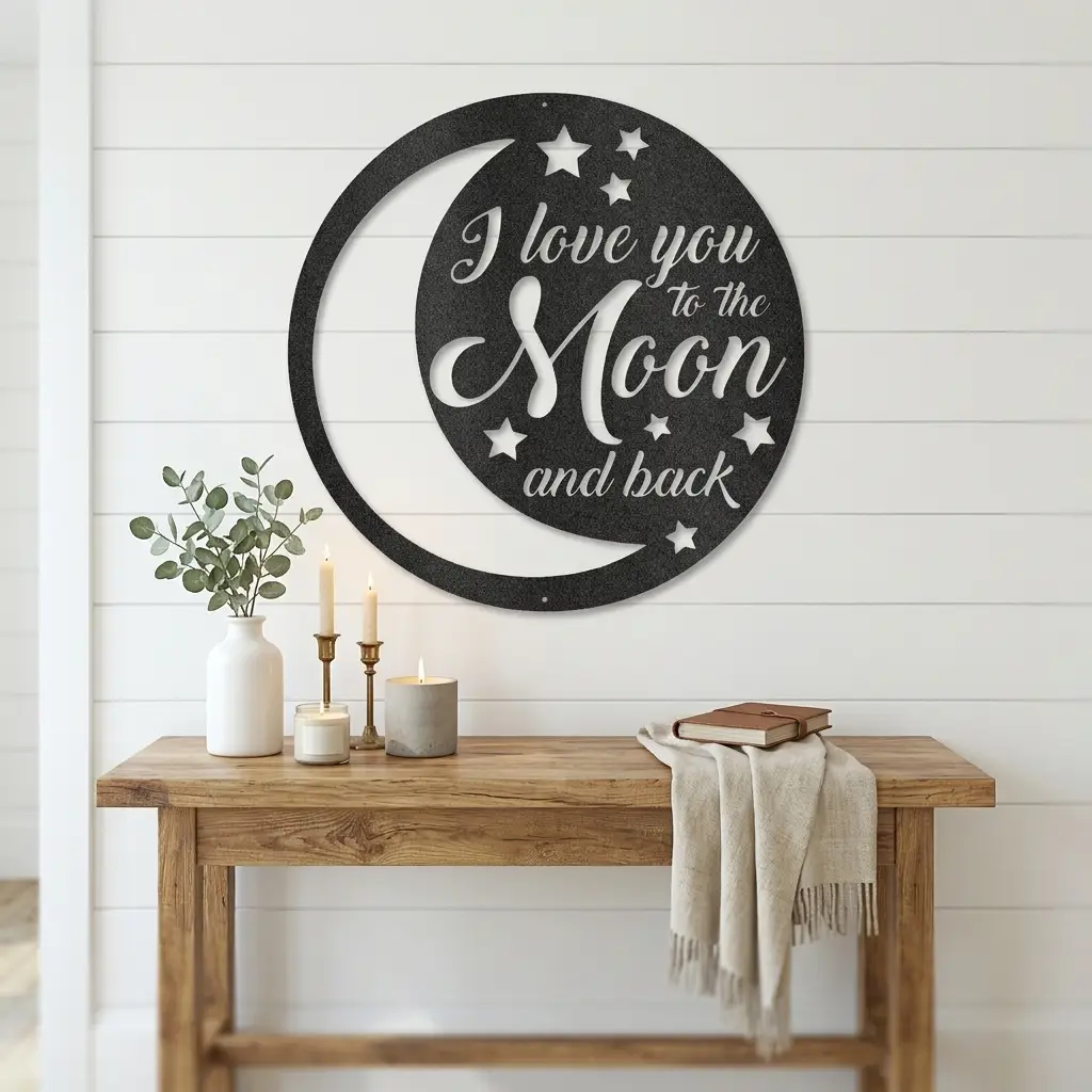 I Love You to the Moon and Back Metal Wall Art – Romantic Moon & Stars Love Sign, Anniversary & Wedding Gift