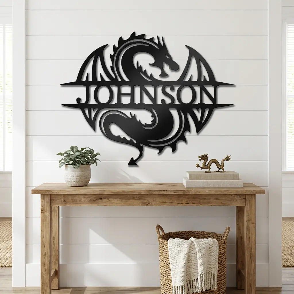 Celtic Dragon Monogram Personalized Name Indoor Outdoor Steel Wall Sign Metal Art