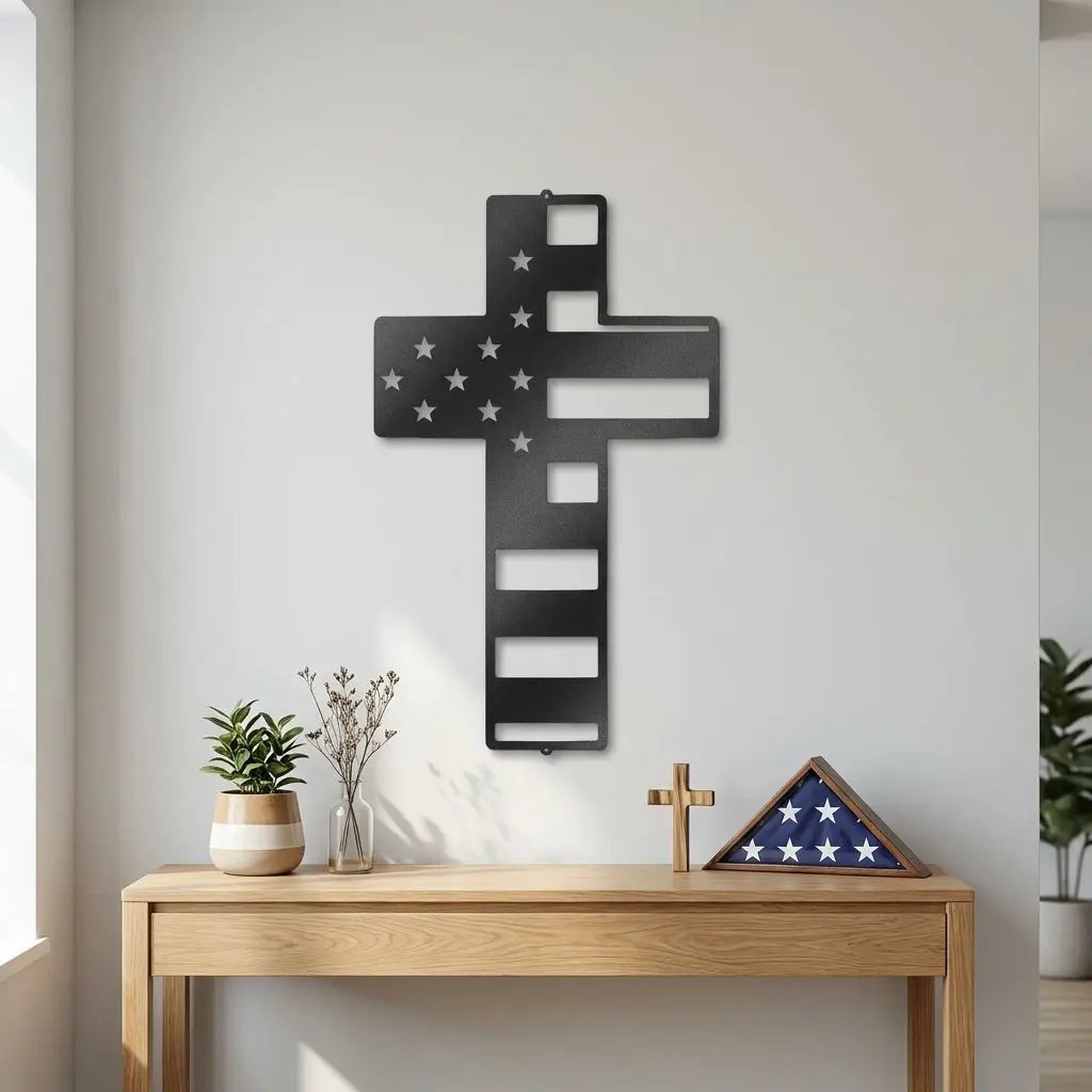 American Flag Cross Metal Wall Art – Patriotic Christian Cross Decor – USA Flag Faith Steel Sign – Veteran Tribute Wall Decor