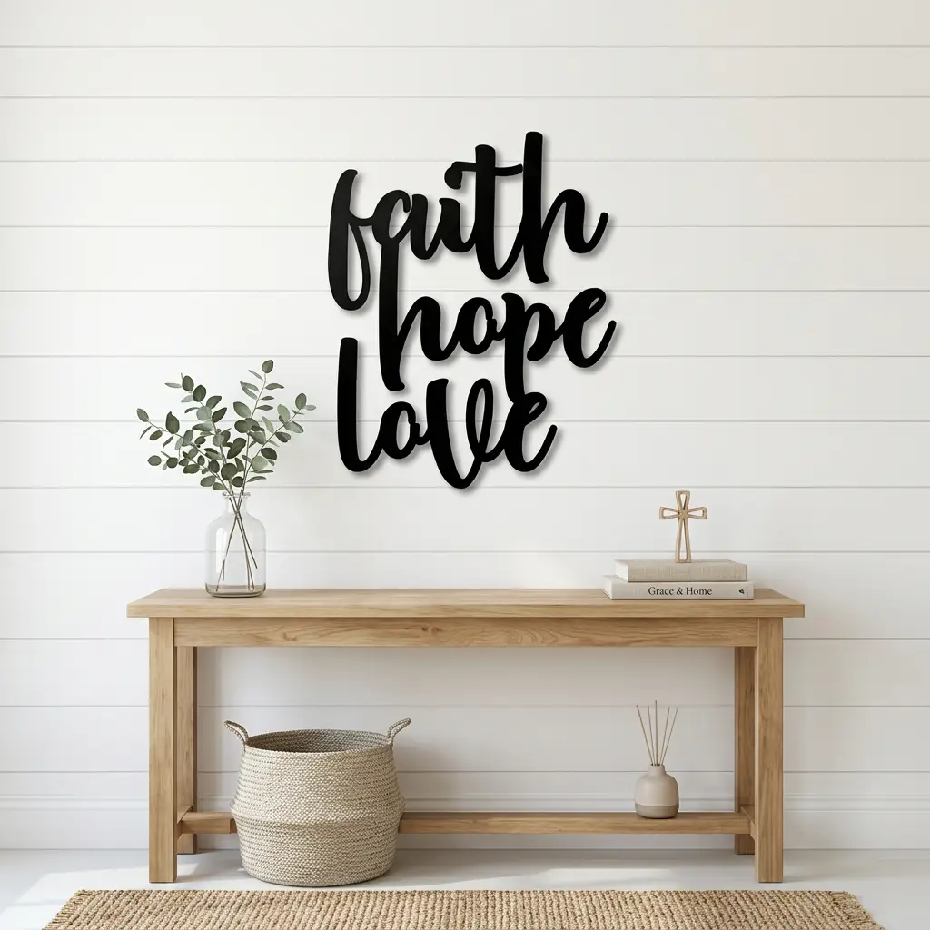 Faith Hope Love Script Indoor Outdoor Steel Wall Sign