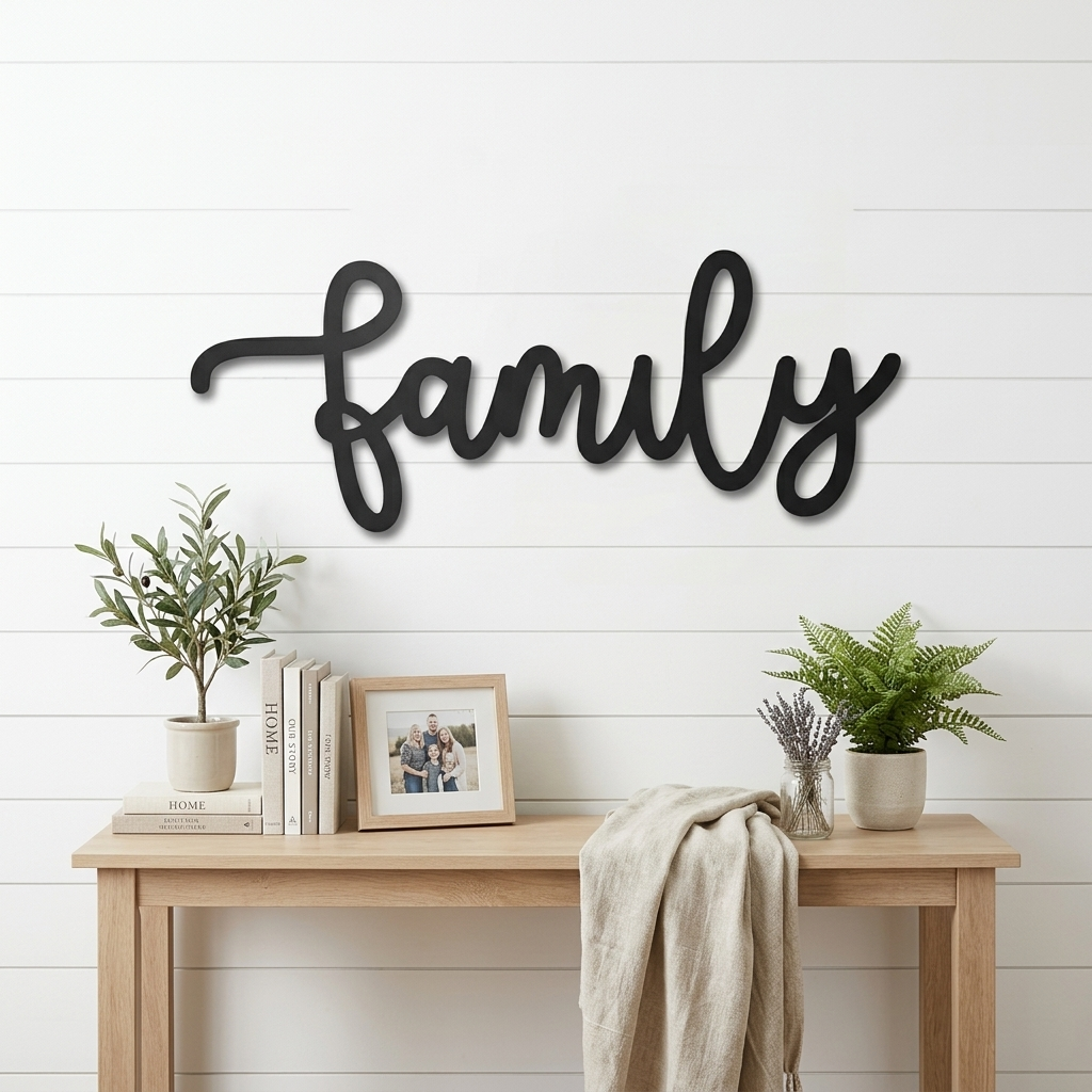 Family Script Metal Wall Art – Modern Farmhouse Decor – Minimalist Home Sign – Family Wall Decor