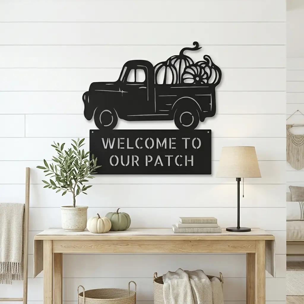 Personalized Vintage Pumpkin Truck Metal Wall Art | Custom Fall Harvest Sign | Farmhouse Autumn Decor | Welcome Pumpkin Patch Sign | Rustic Thanksgiving Wall Decor | Made in USA