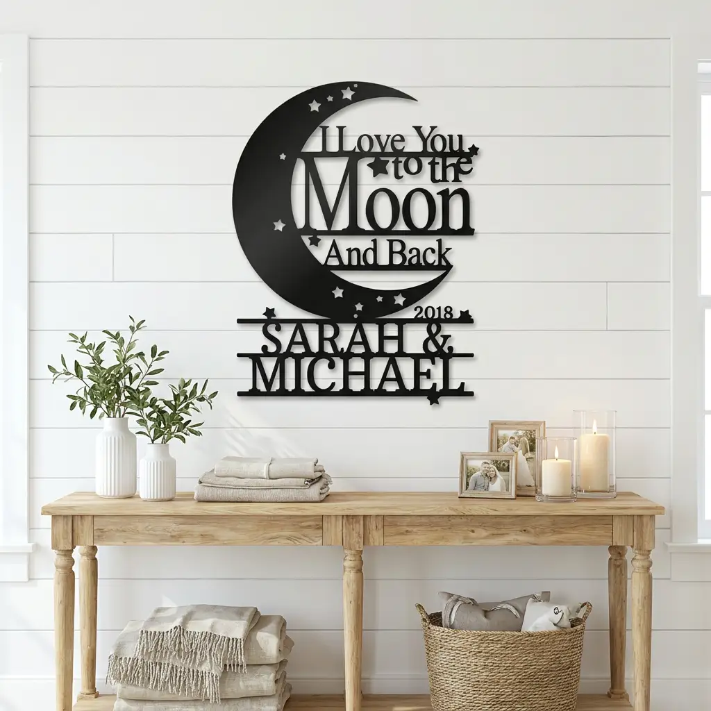 I Love You to the Moon and Back Personalized Metal Wall Art | Custom Couple Name Sign with Date | Romantic Wedding Gift | Anniversary Decor | Made in USA