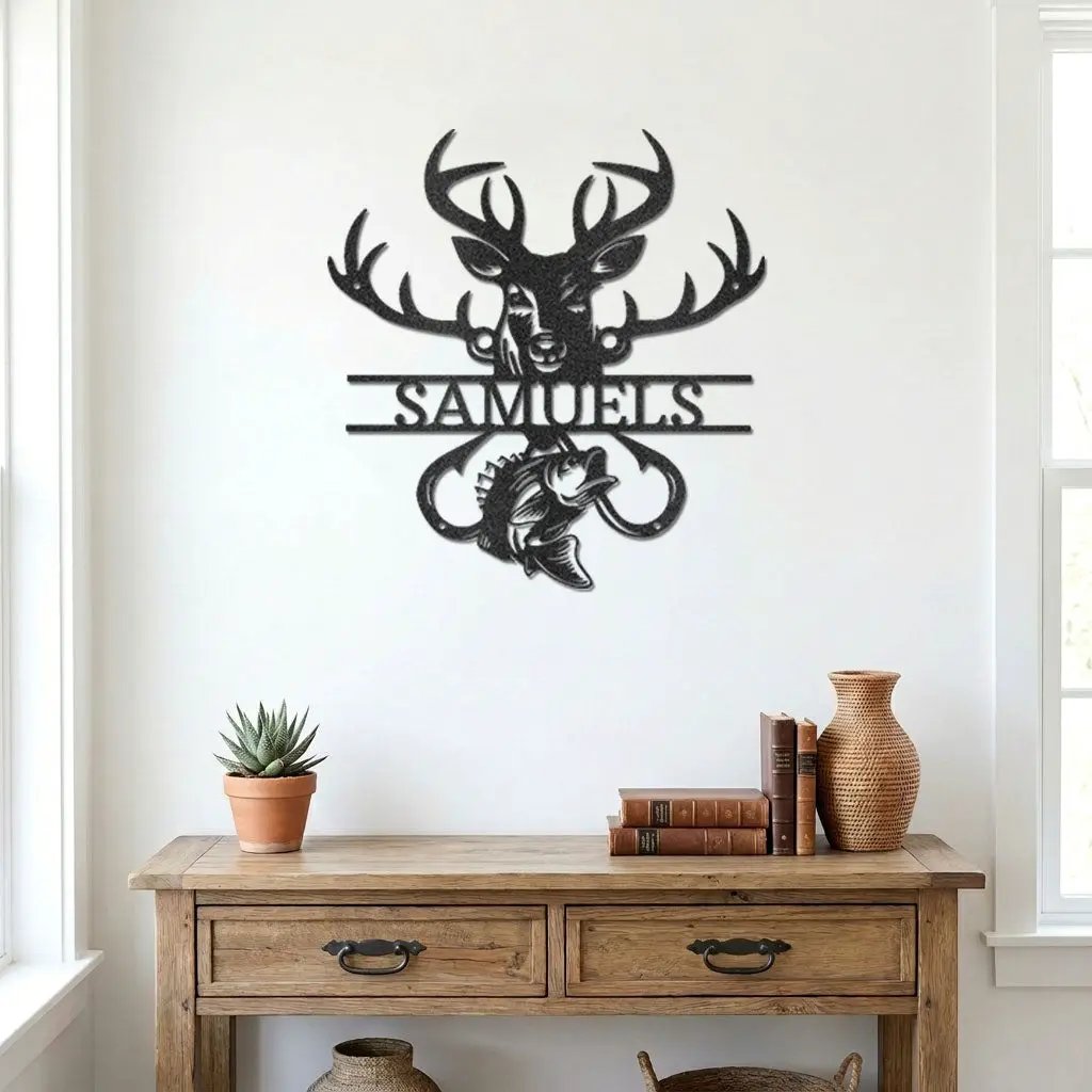 Outdoorsman Custom Metal Wall Art Deer Hunting and Bass Fishing Sign Custom Name Rustic Cabin Decor Hunter Fisherman Gift