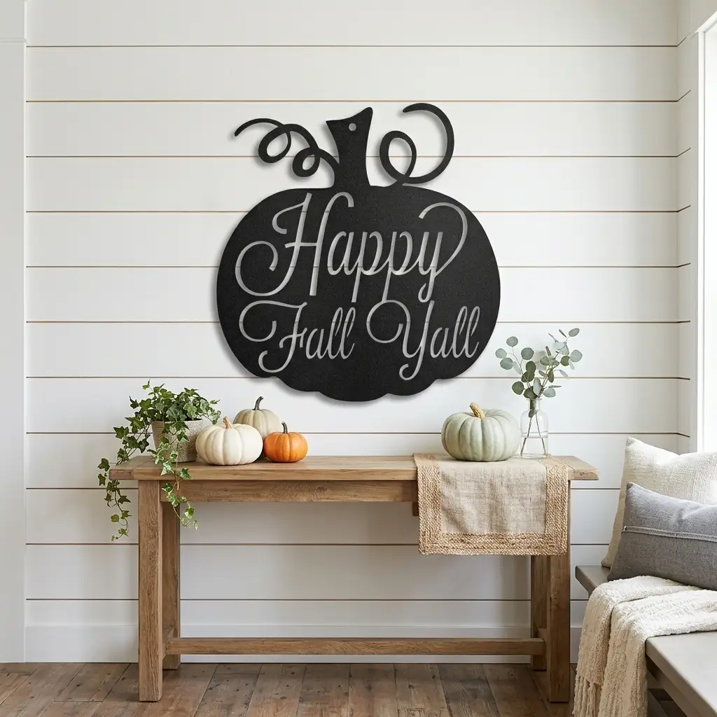 Happy Fall Y'all Pumpkin Metal Wall Art | Autumn Pumpkin Wall Decor | Rustic Farmhouse Fall Sign | Thanksgiving Porch & Entryway Decor | Seasonal Metal Wall Hanging | Made in USA