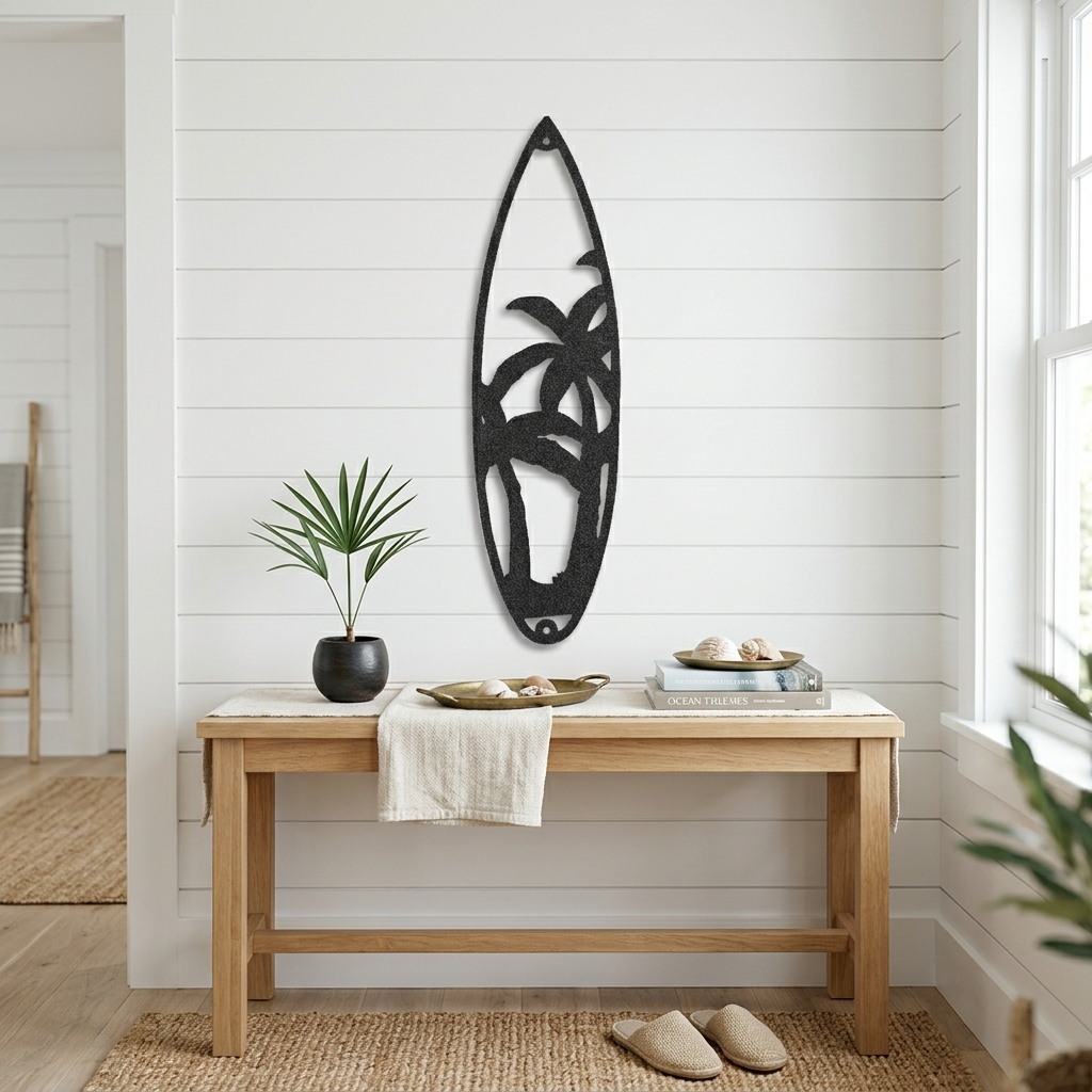 Palm Tree Surfboard Metal Wall Art | Tropical Coastal Beach Decor | Surfboard Shaped Metal Wall Hanging | Island & Ocean Home Decor | Made in USA